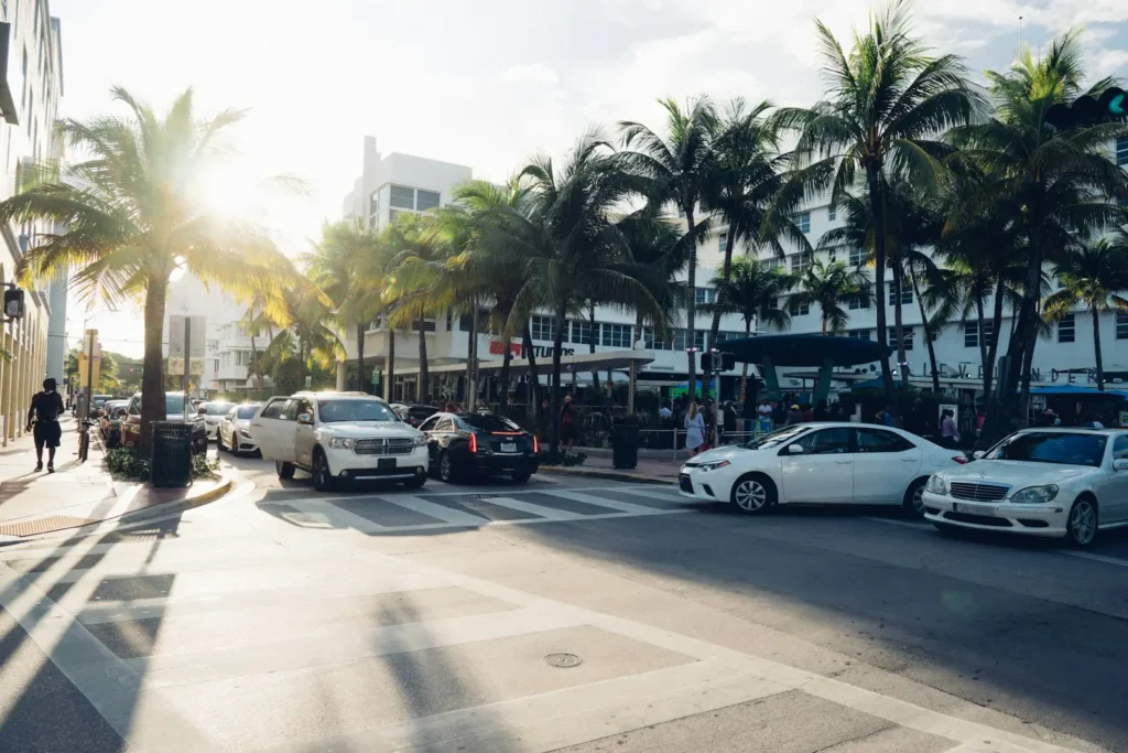 Tráfico en una calle de Miami con palmeras